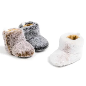 Winter plush baby boots in brown grey and white soft faux fur with easy pull-on tabs