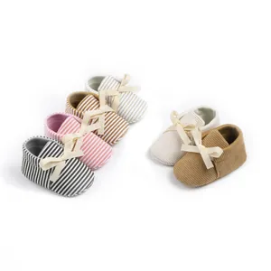 Newborn Baby Soft Sole Pre-walker Shoes Striped Corduroy Infantile Toddler Crib Shoes With Bowknot Breathable Cotton First Walker