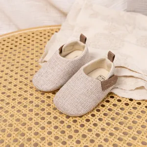 Breathable cotton linen baby walking shoes with soft non-slip soles and heel pull tabs