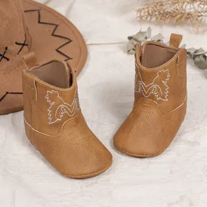 Détails de bottes de cowboy pour bébé marron avec broderie blanche et cuir