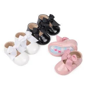 Baby Girl Princess Mary Jane Shoes Shiny PU Leather Large Bowknot Soft Sole Non-Slip First Walkers Toddler Shoes For Wedding Party Ceremony