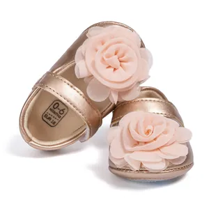 Chaussures de Princesse Métallisées Or Rose pour Bébés Filles Semelle Souple Mary Jane Avec Grand Décor de Fleurs en Tissu