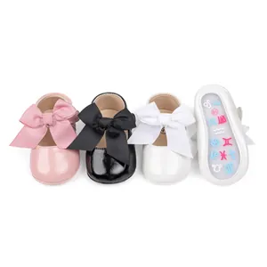 Toddler girls baby princess bow shoes with non-slip soles in pink, black and white colors