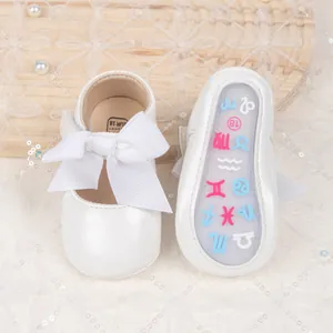 Detail of baby Mary Jane shoe showing the anti-slip sole with size markings and bow