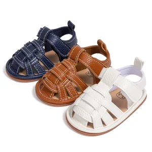 Breathable baby sandals with non-slip soles in navy blue, brown, and white colors