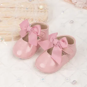 Pink bow baby girl princess shoes with non-slip rubber soles for toddlers and infants