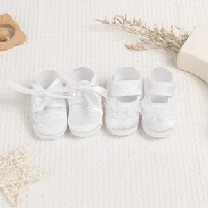 Baby Girls White Baptism Shoes Lace Satin Soft Sole Infant First Walkers Elegant Embroidery Bow Party Wedding Crib Shoes