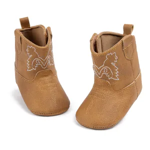 Bottes de cow-boy en similicuir marron pour bébé avec broderies blanches et fermeture