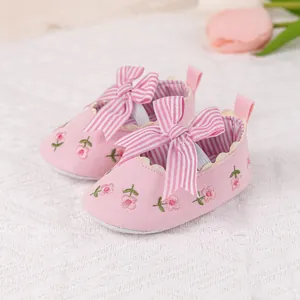 Pink striped bow baby princess shoes with floral embroidery and soft breathable soles