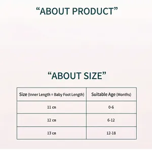 Guida alle taglie scarpe neonato, lunghezze interne da 11cm a 13cm per età da 0 a 18 mesi