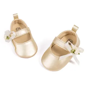 Baby Girls Gold Mary Jane Princess Shoes Bow Knot Flower Soft Sole Anti Slip Breathable First Walkers For Wedding Party