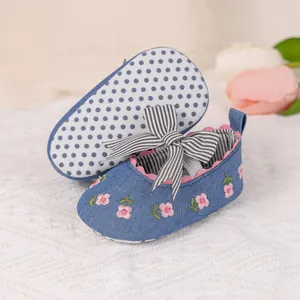 Detailed macro view of baby shoe featuring floral embroidery and soft anti-slip sole