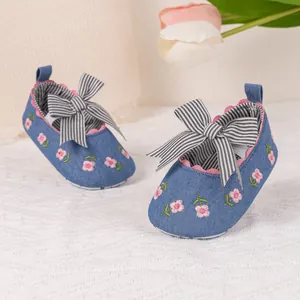 Detailed close-up of blue baby shoes featuring floral embroidery and striped bow detail