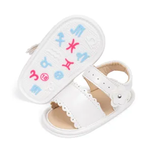 Detail of white baby sandals with floral accents and anti-slip sole featuring zodiac patterns
