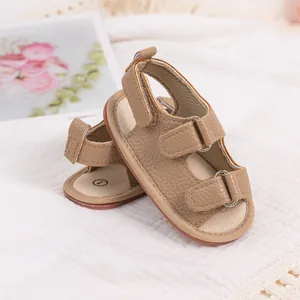 Brown PU leather baby sandals with breathable soft soles and hook-and-loop closure
