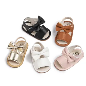 Summer Baby Girls Bowtie PU Leather Sandals Soft Sole First Walker Shoes With Scalloped Edges Hook-And-Loop Closure