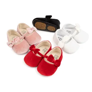 Chaussures de Princesse en Velours pour Bébé Fille Nœud Doux Mary Jane Chaussures Premiers Pas Antidérapantes Mariage