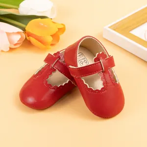 Red Mary Jane baby girl shoes with scalloped edges and soft non-slip soles for toddlers