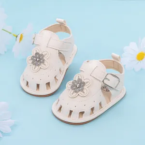 Chic cream white baby girl sandals with 3D flower petals and soft soles for summer walk
