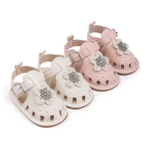 Cute baby girl floral sandals in cream and pink with soft soles for summer 2025