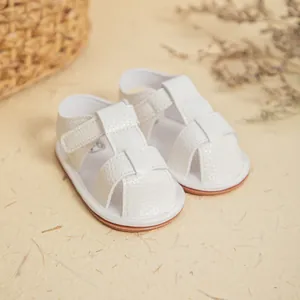 White woven leather baby sandals with soft soles and velcro straps for summer comfort