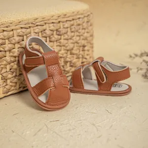 Classic dark brown baby boy leather sandals with soft soles for summer toddlers