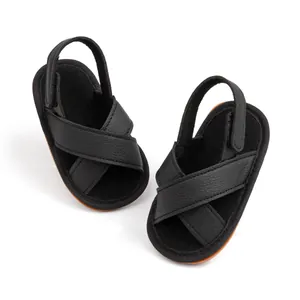 Detail of baby boys sandals featuring black textured leather straps and velcro closure