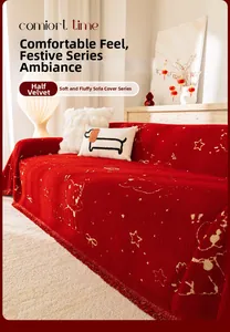Detailed texture of red chenille sofa cover with festive gold star and bow patterns