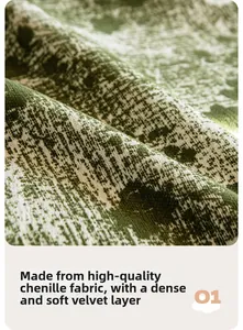 Close-up of high-quality chenille fabric with green and cream soft pile texture