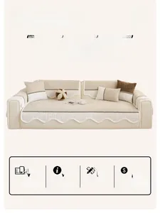Detail view of beige chenille sofa cover with soft silicone non-slip backing particles