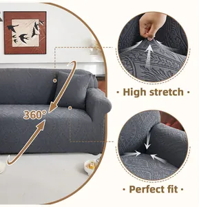 Detail van donkergrijze jacquard bankhoes met hoge elasticiteit en bladstructuur