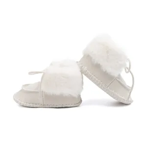 Detailed view of baby winter boots featuring plush faux fur collars and soft suede fabric