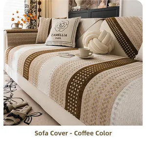 Detail of coffee plaid chenille sofa cushion with Camellia embroidery and soft fabric texture