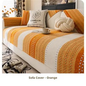 Detailed texture of orange striped chenille sofa cushion with fine woven fabric patterns