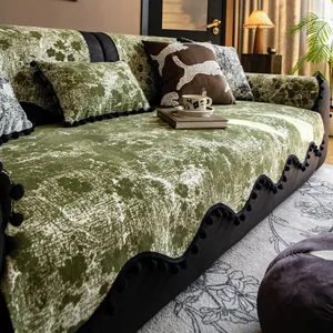 Vintage Chenille Sofa Cushion Cover Non-Slip Furniture Protector Jacquard Sofa Towel With Pom-pom Fringe For Living Room