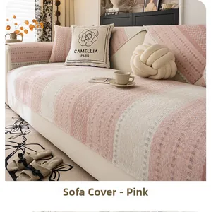 Close-up of pink chenille sofa cover texture with camellia decorative pillow