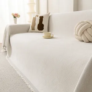 Chenille Sofa Towel Couch Cover Tassels Rhombic Pattern Anti-Scratch Dustproof Decorative Furniture Protector Blanket