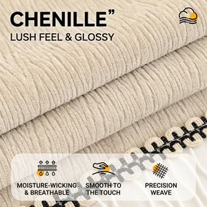 Beige chenille sofa cover with vertical stripe texture and hand-woven lace edges
