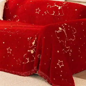 Red cartoon star jacquard sofa cover with fringe, 3D knit textured furniture protector