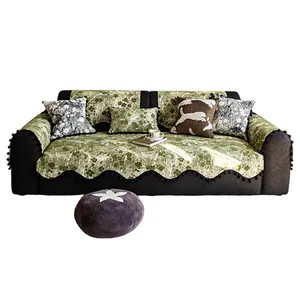Chenille green clover floral sectional sofa cover set with black ball tassel trim details