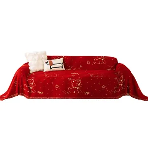 Cartoon red plush sofa cover with golden stars and dog patterns for all seasons