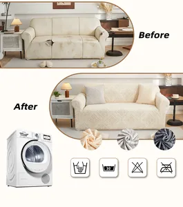 Detailed close-up of textured stretch sofa cover fabric with before and after comparison