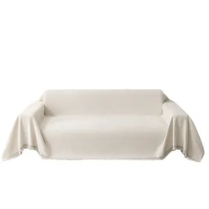 Minimalist beige chenille sofa cover with diamond weave texture and fringe tassels