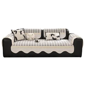French chenille sofa cover set in beige and black with dragonfly pattern and fringe