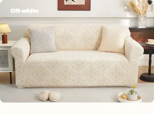 Close-up of off-white floral jacquard fabric texture on stretch sofa cover