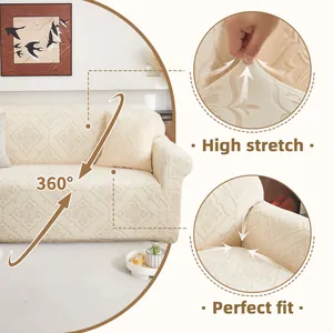 Beige high stretch single sofa cover with 360 degree coverage and floral pattern