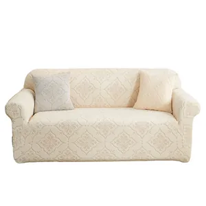 Universal cream white sofa cover with embossed floral pattern and two matching cushions