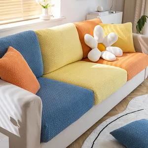 Elastic waffle knit sofa cover in blue, yellow and orange colors for universal fit