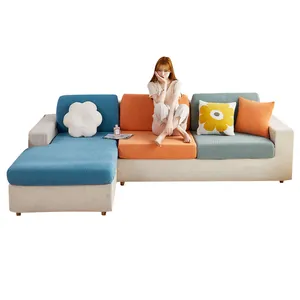 Universal elastic waffle sofa cover set for L-shaped couches in blue, orange and grey