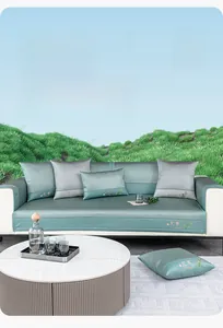 Close-up of ice vine fabric cooling sofa mat with wormwood plant embroidery